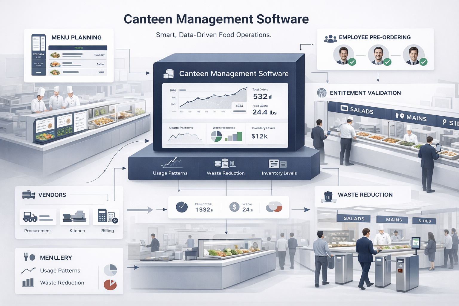 Canteen management software dashboard for meal planning and operations
