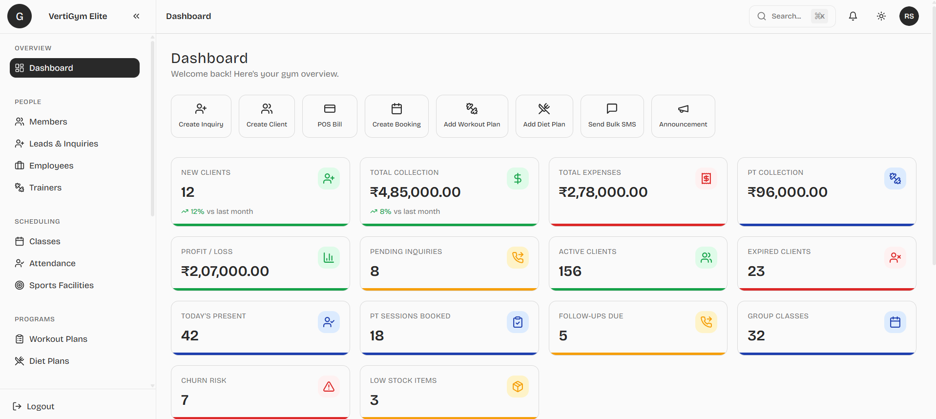 VertiGym gym management software dashboard for memberships and fitness center operations