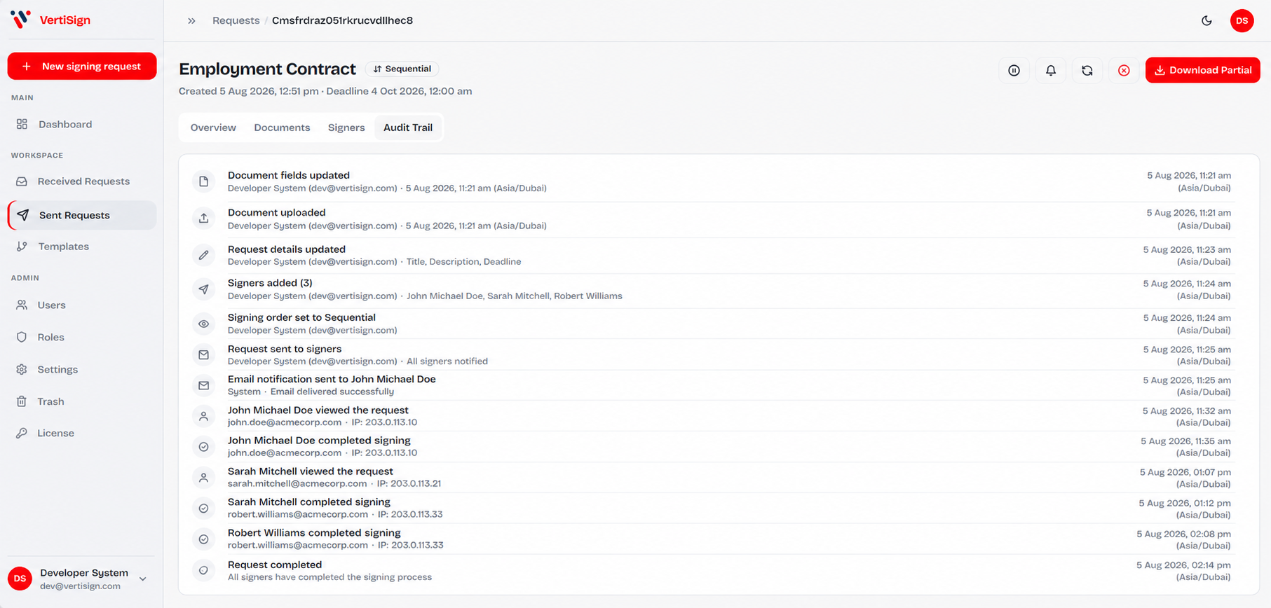 VertiSign immutable audit trail and finalization for compliant document signing