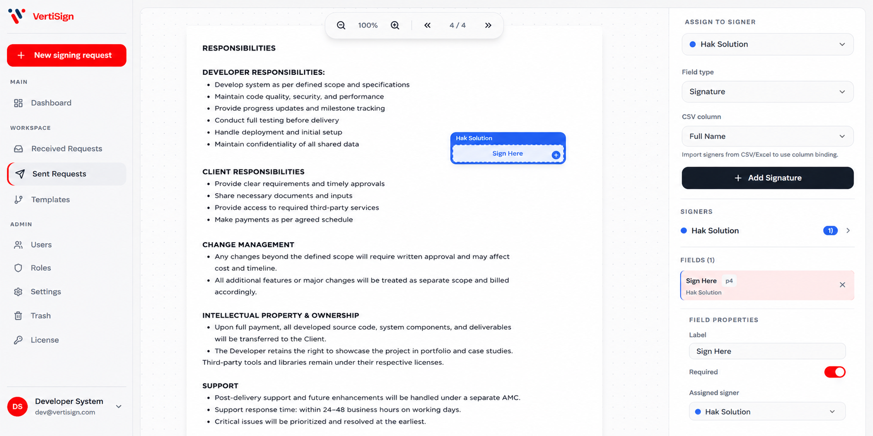 VertiSign visual PDF field editor for signature and date placement