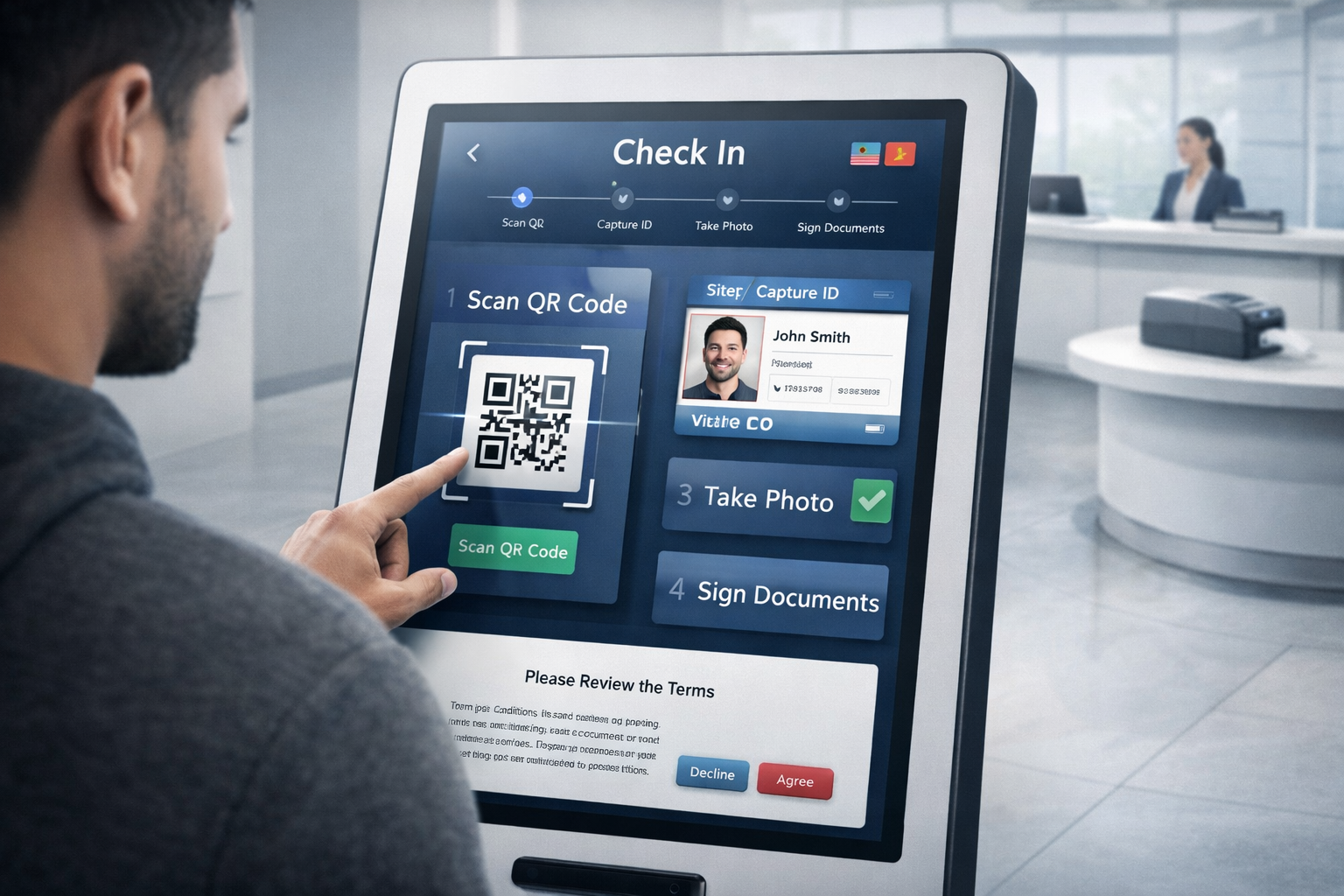 Visitor management system kiosk for self-service visitor check-in